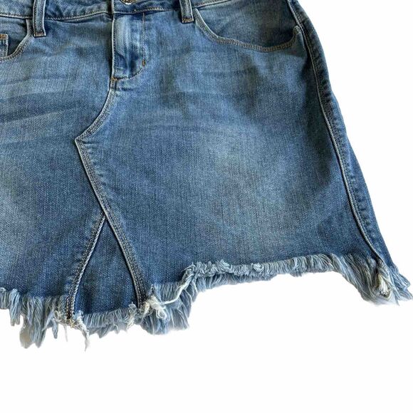 Cello Jeans Mini Skirt Large Blue Raw Hem Light Wash Distressed Whiskered - Picture 3 of 12